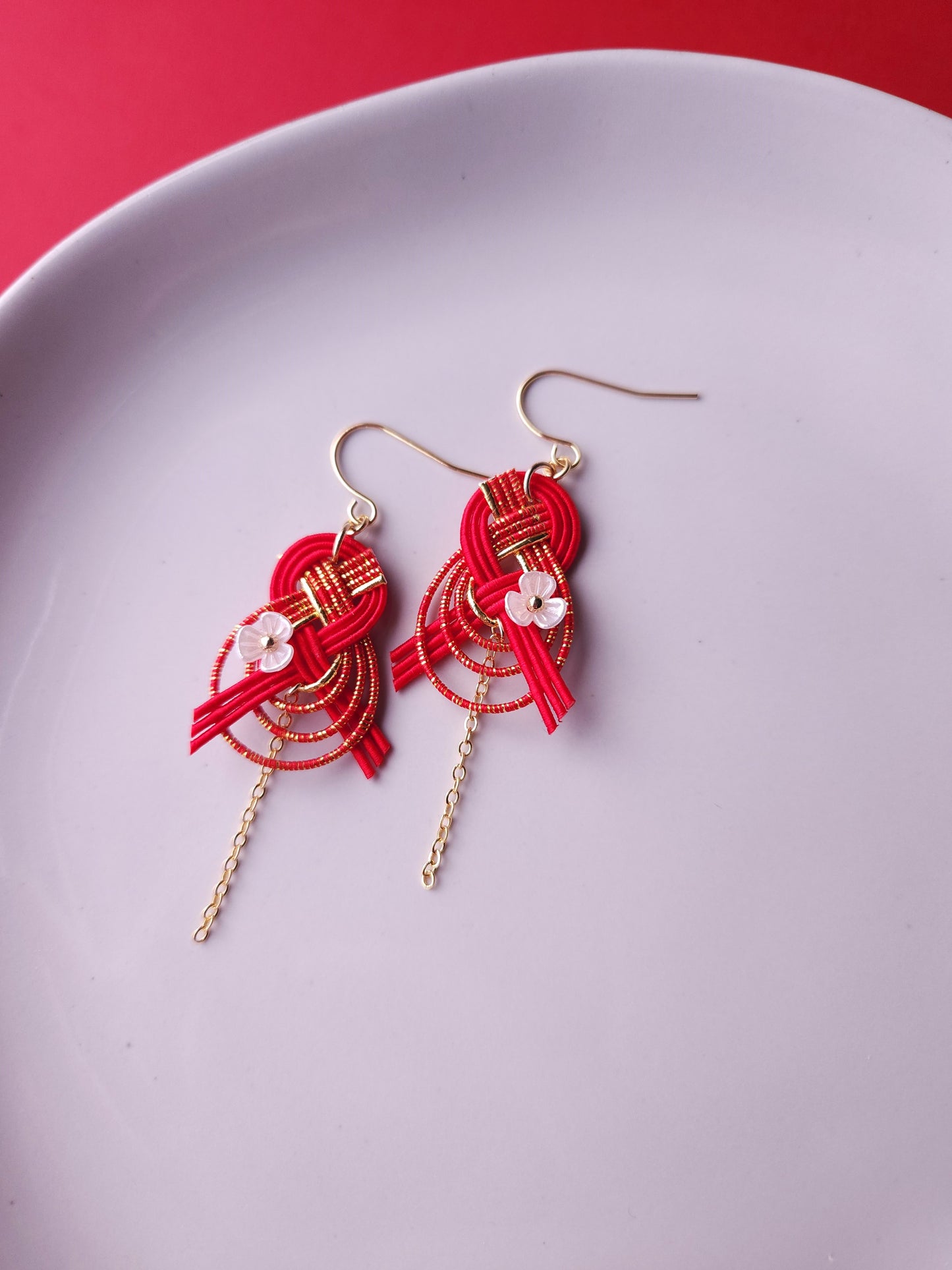 Drop Earrings made with Japanese Mizuhiki - Red