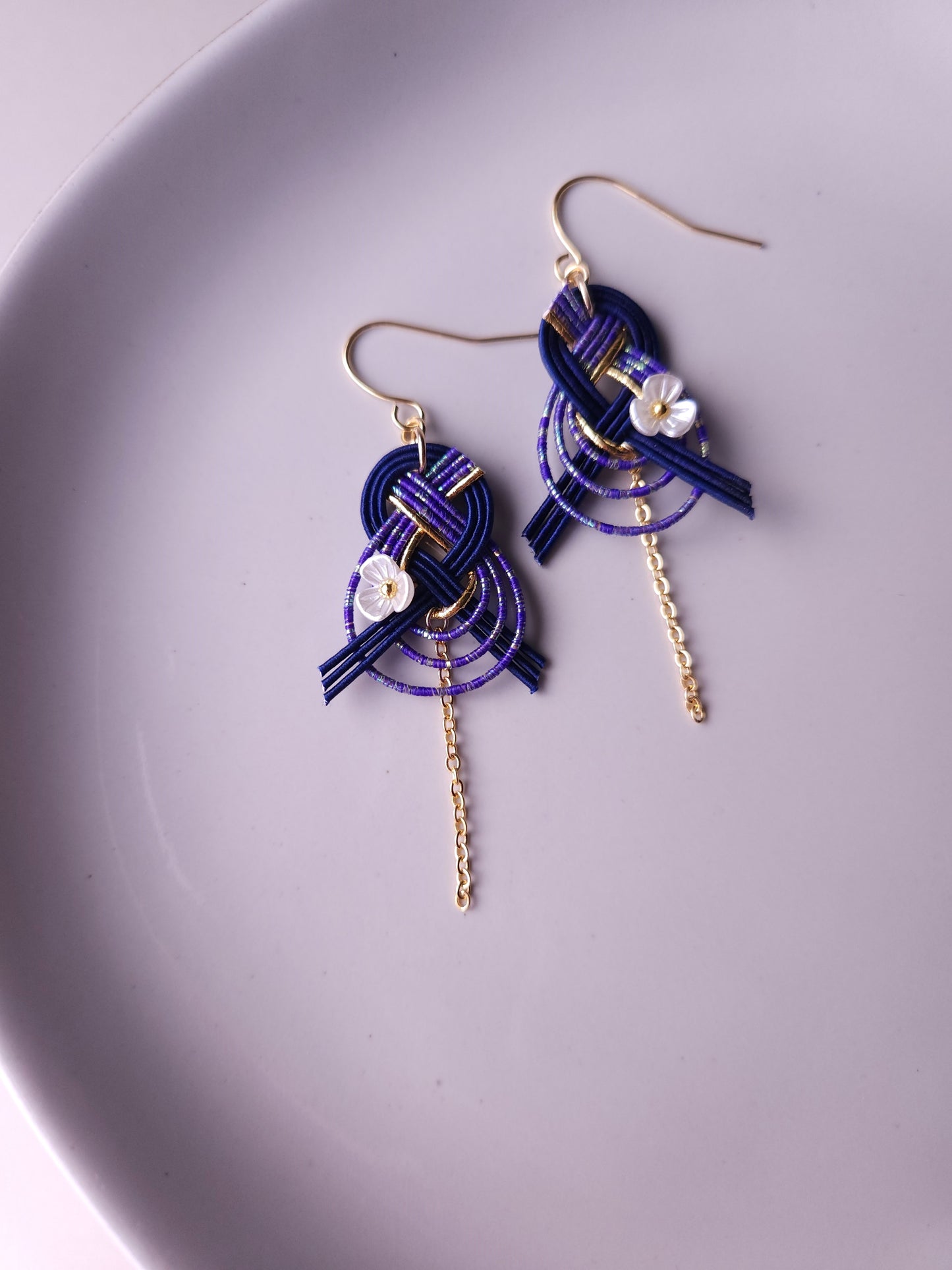 Drop Earrings made with Japanese Mizuhiki - Blue