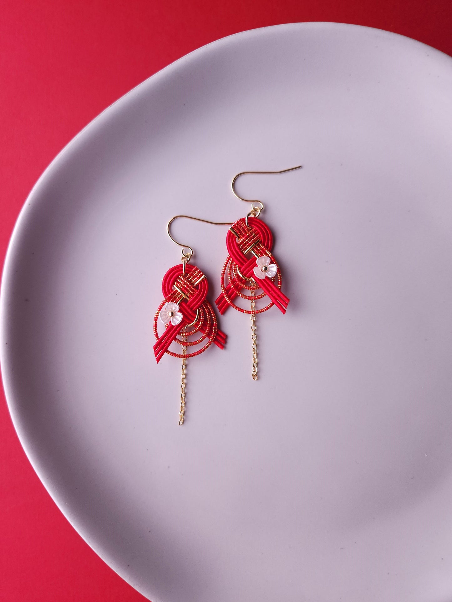 Drop Earrings made with Japanese Mizuhiki - Red