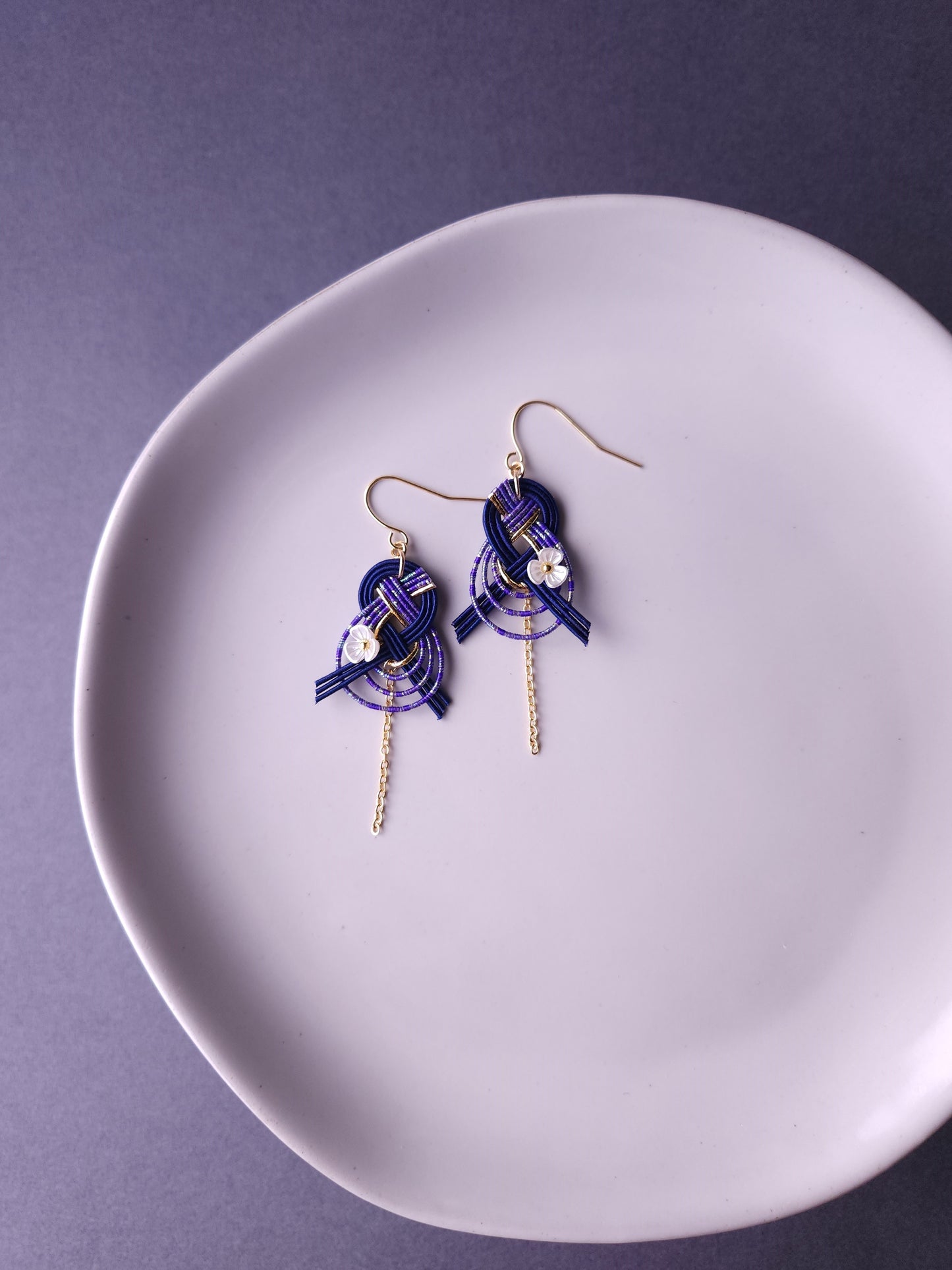 Drop Earrings made with Japanese Mizuhiki - Blue