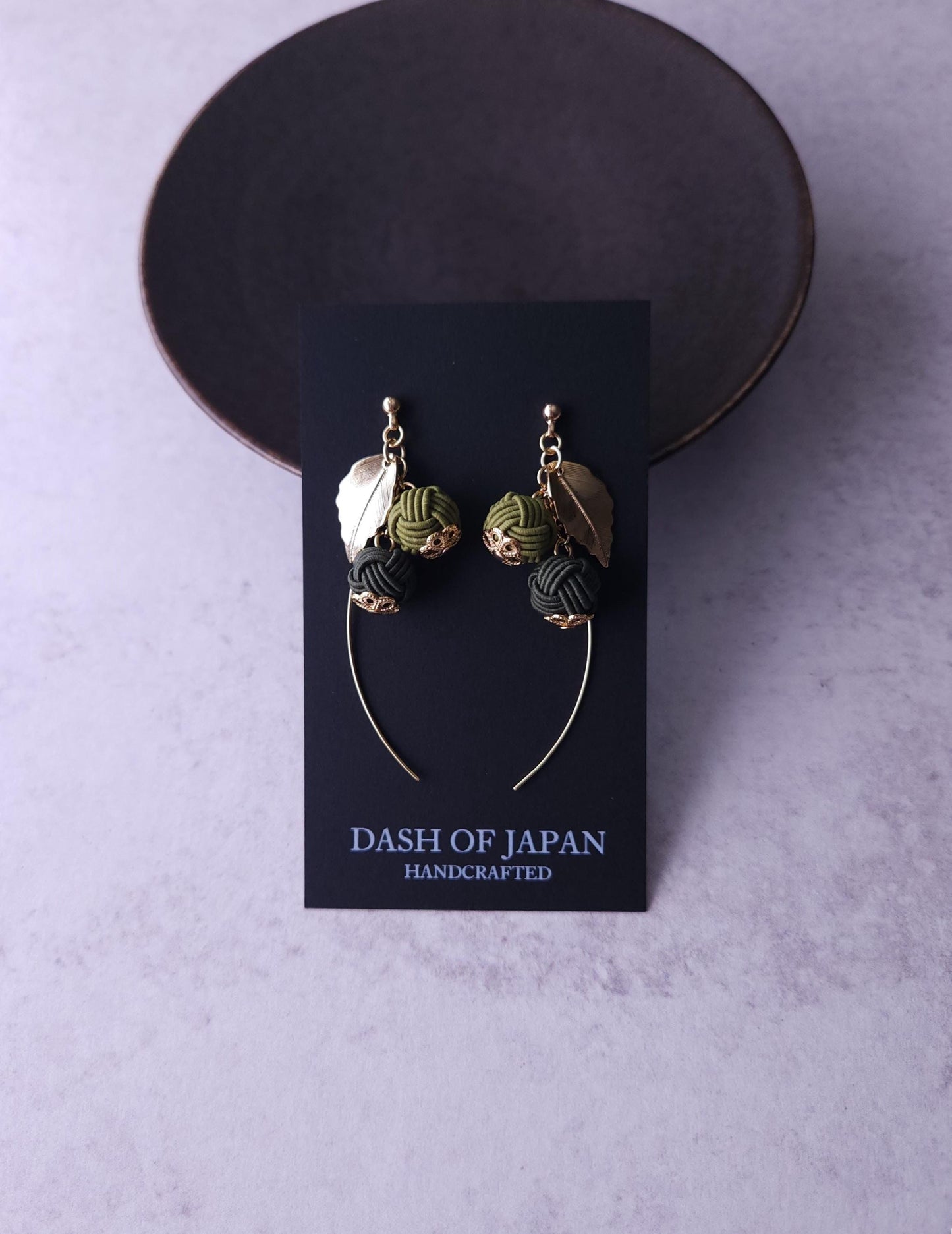 Flower Drop Earrings handmade with Japanese Mizuhiki, Matcha Green Dark Green