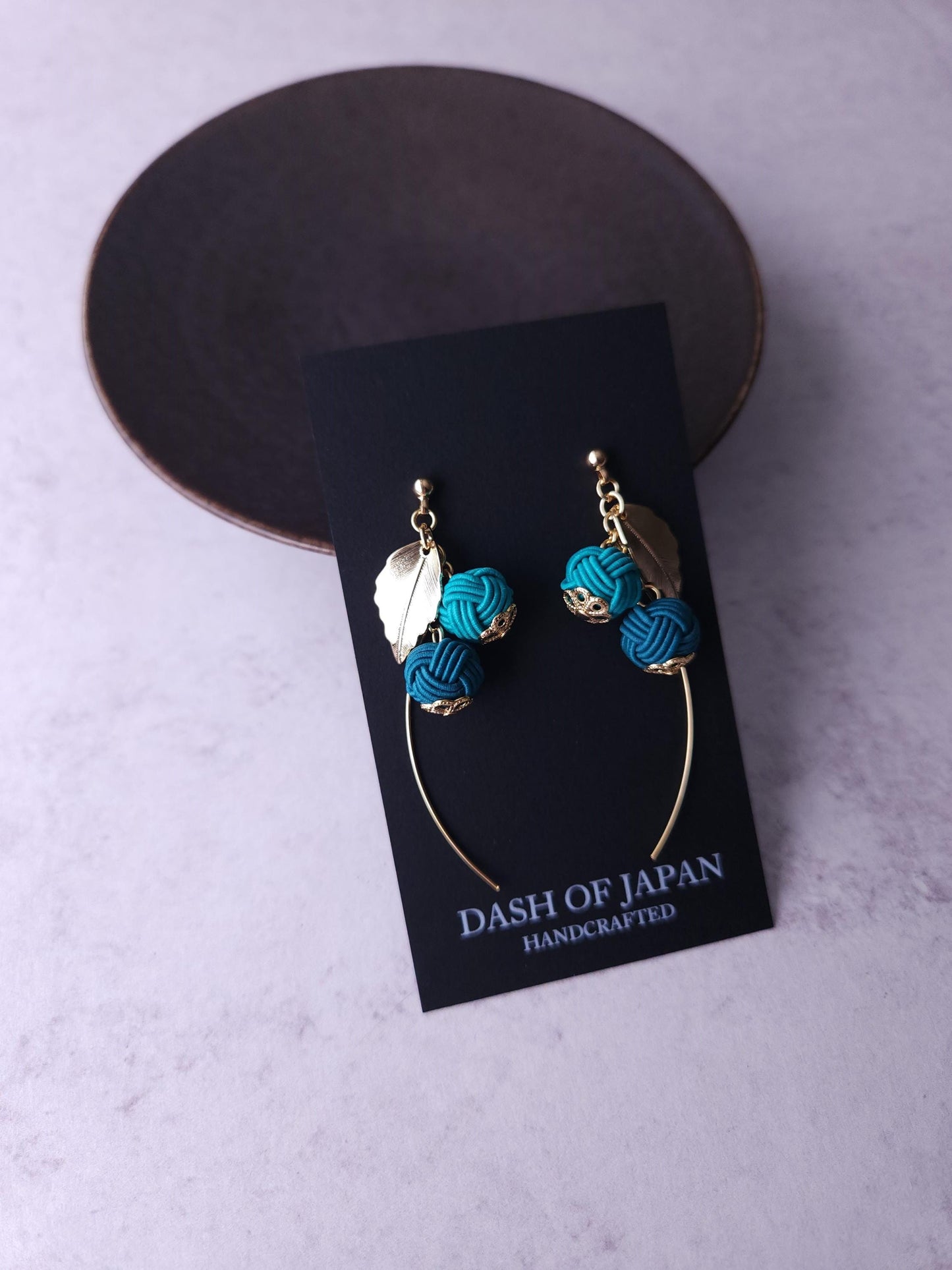 Flower Drop Earrings handmade with Japanese Mizuhiki, Teal Green