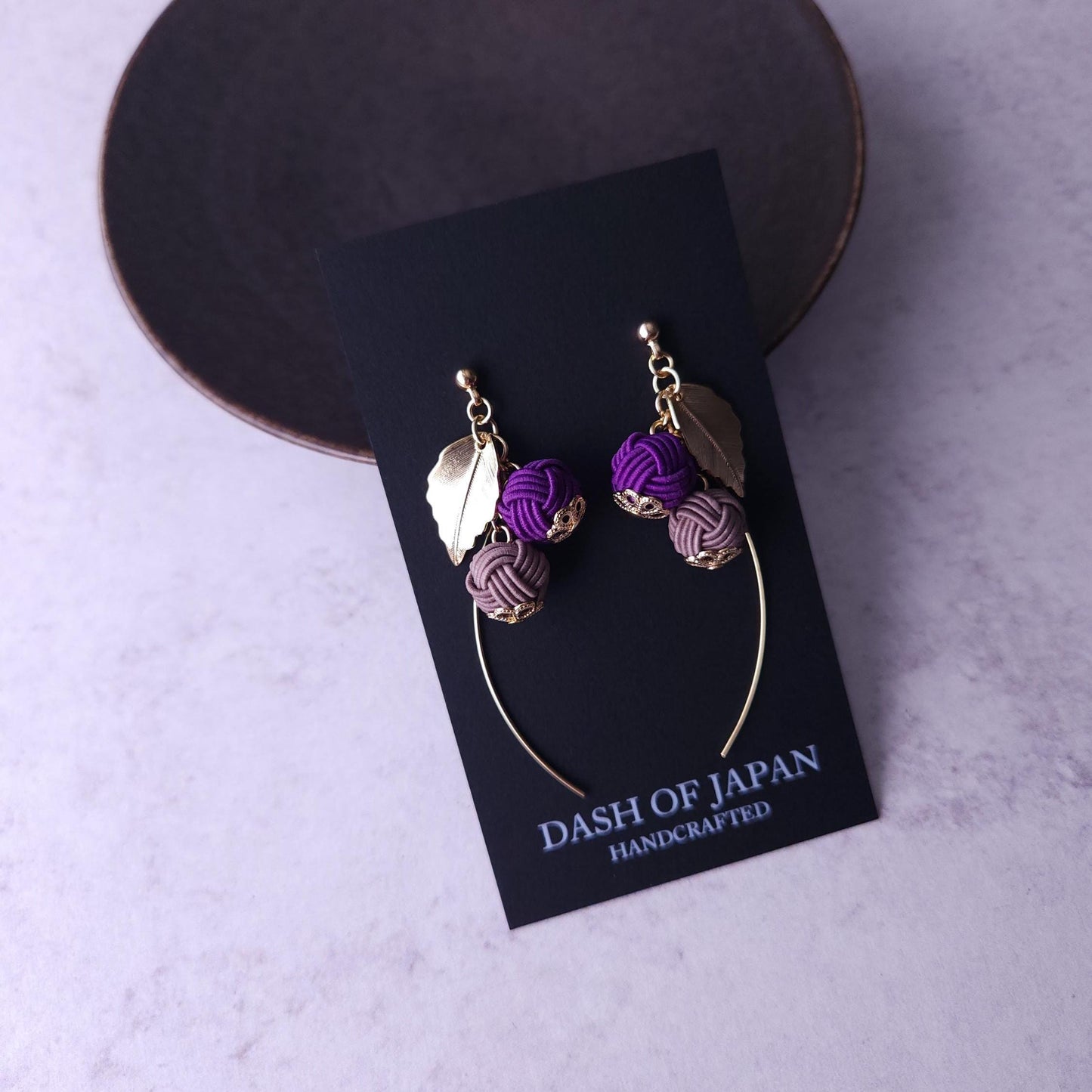Flower Drop Earrings handmade with Japanese Mizuhiki, Purple and Brown