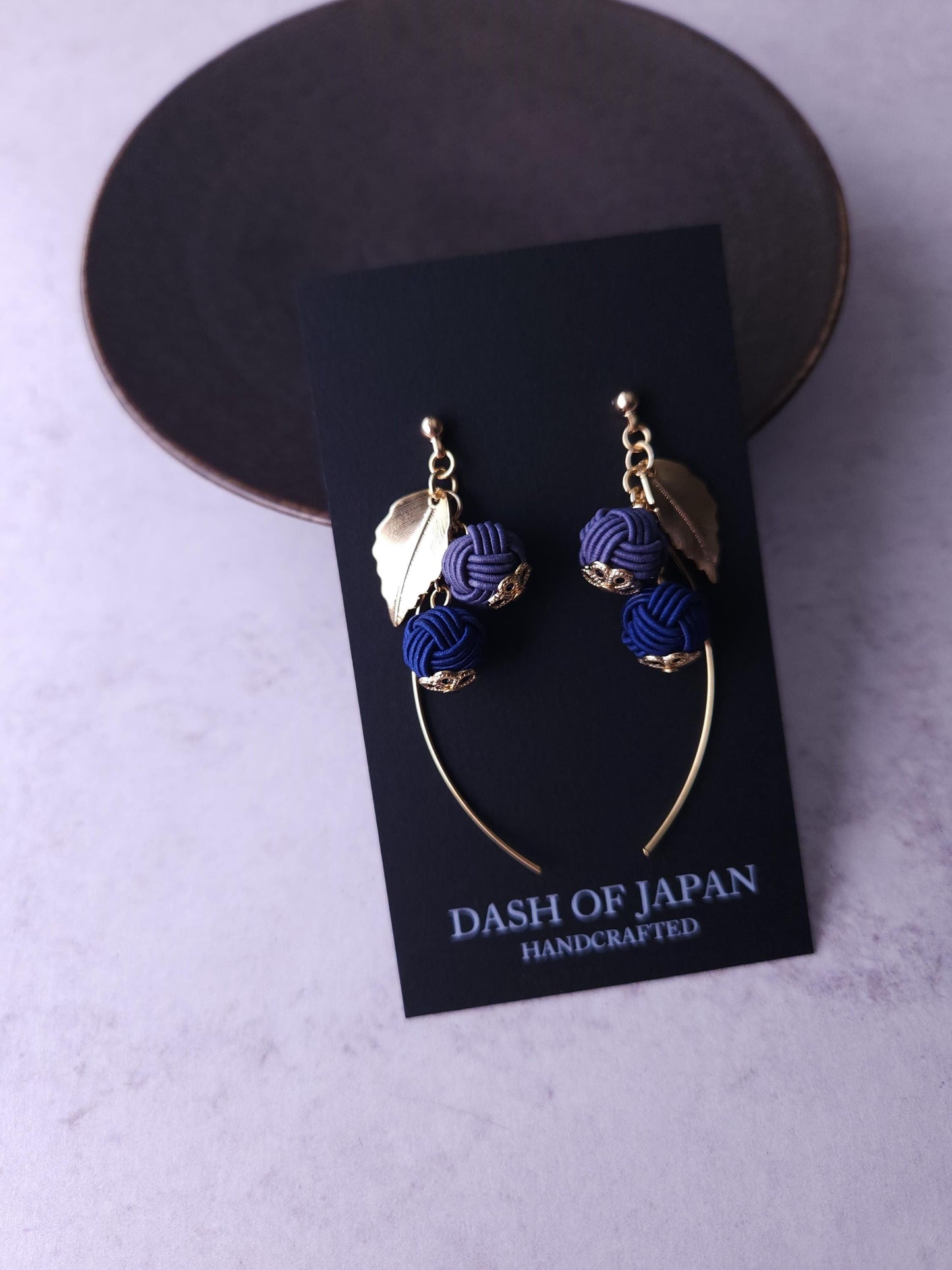 Flower Drop Earrings handmade with Japanese Mizuhiki, Dark Blue and Blue Gray