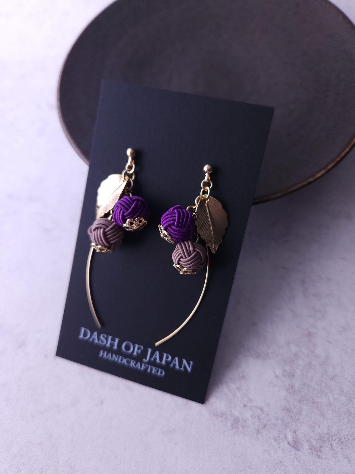 Flower Drop Earrings handmade with Japanese Mizuhiki, Purple and Brown