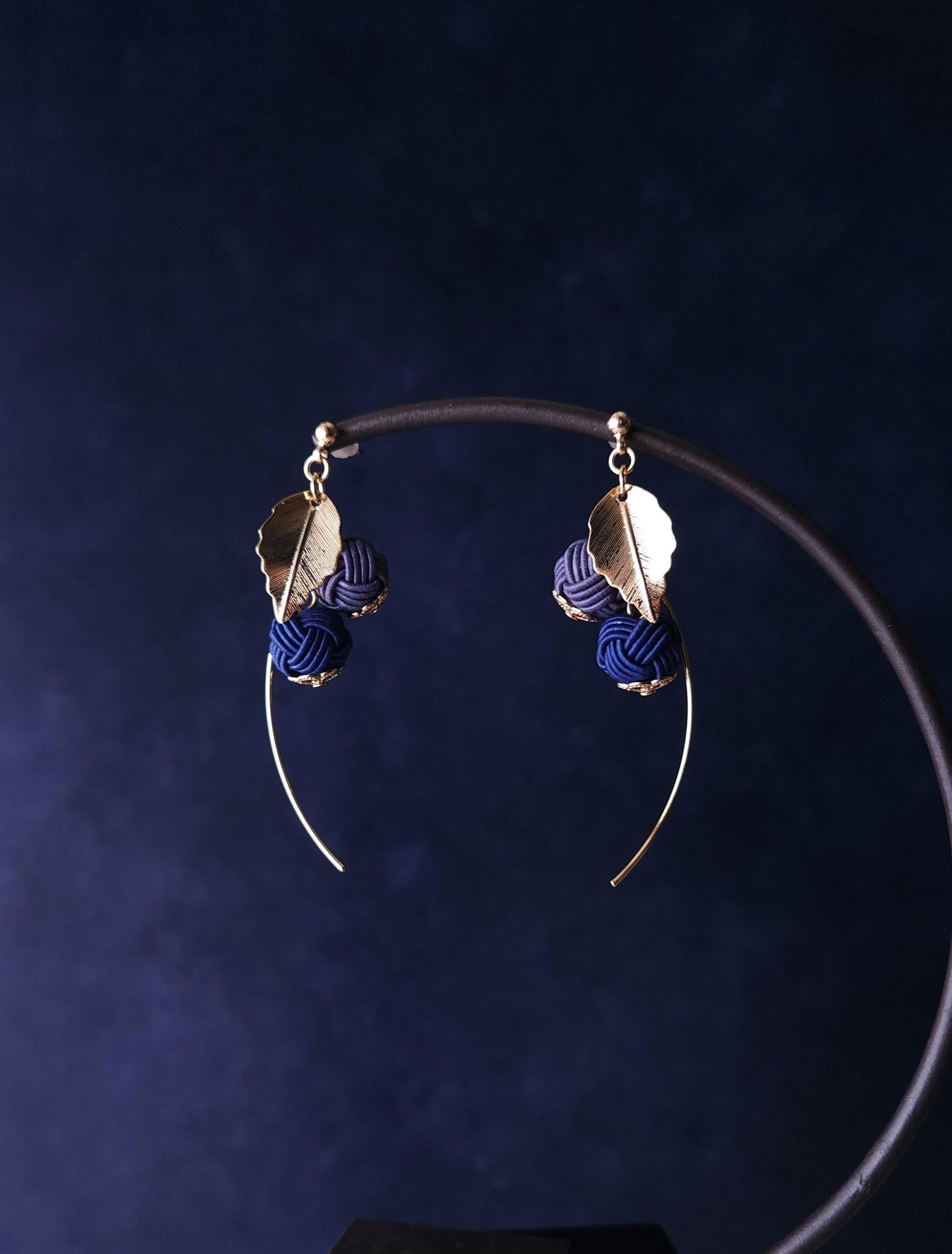 Flower Drop Earrings handmade with Japanese Mizuhiki, Dark Blue and Blue Gray