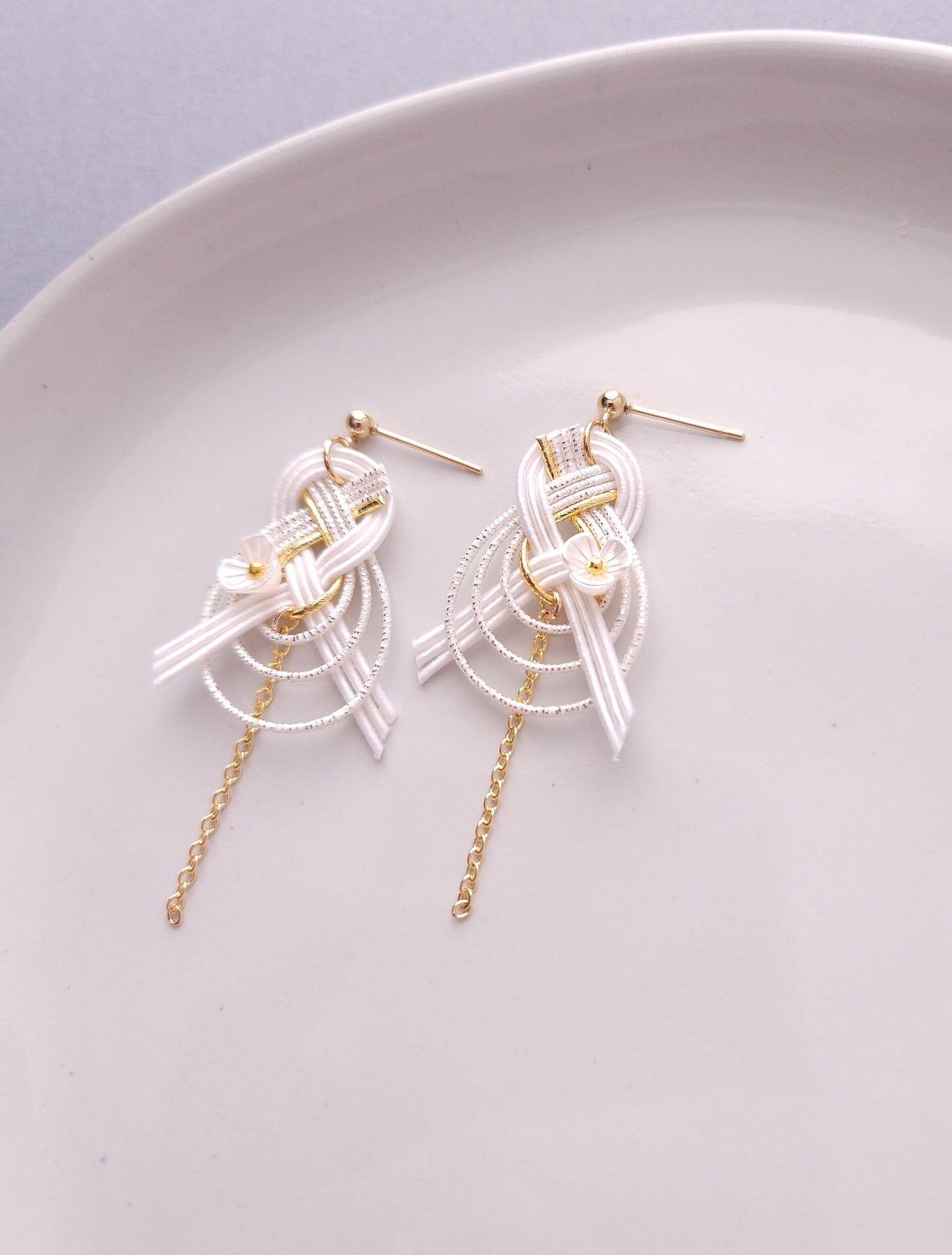 Drop Earrings made with Japanese Mizuhiki - White