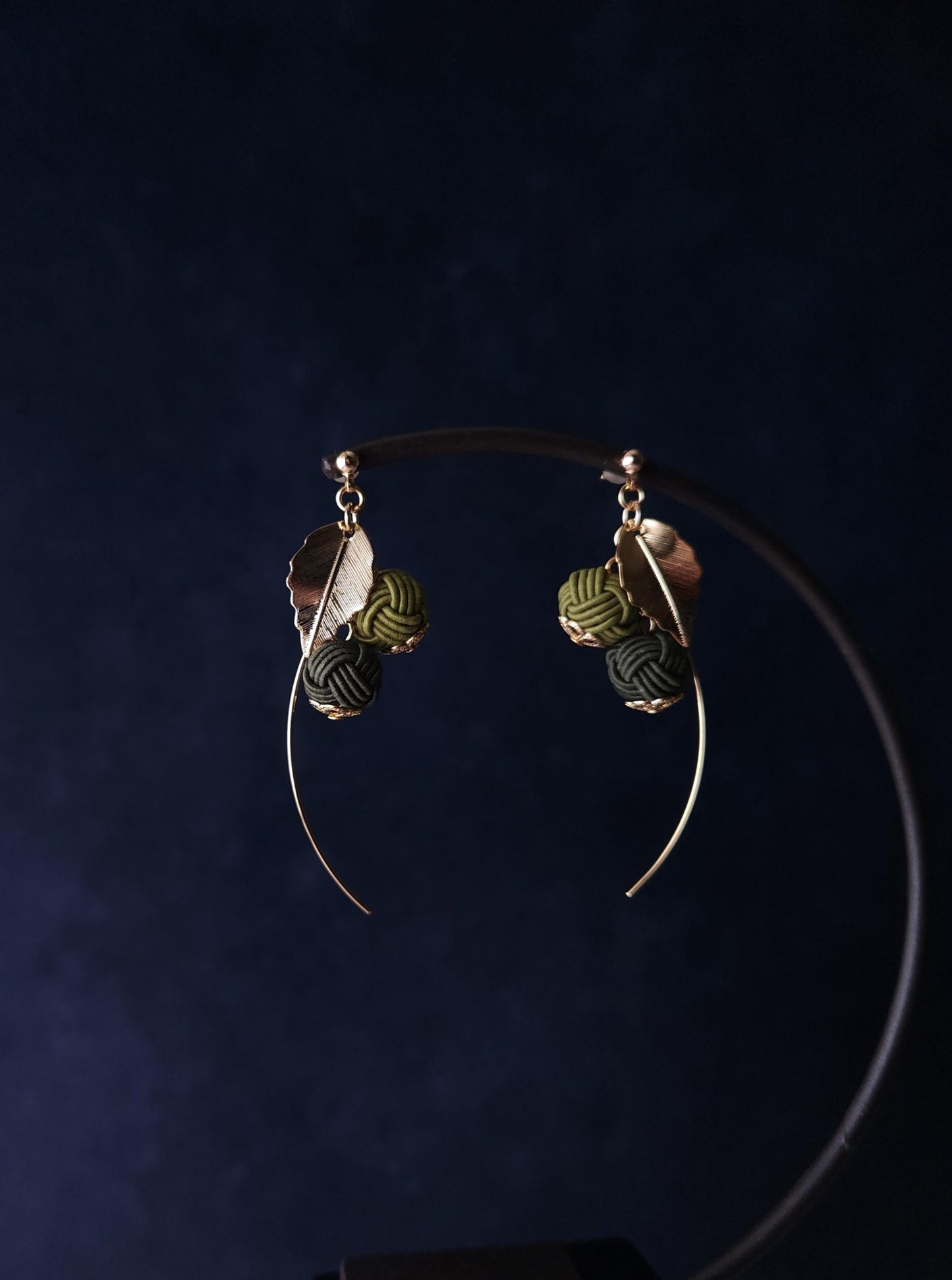 Flower Drop Earrings handmade with Japanese Mizuhiki, Matcha Green Dark Green