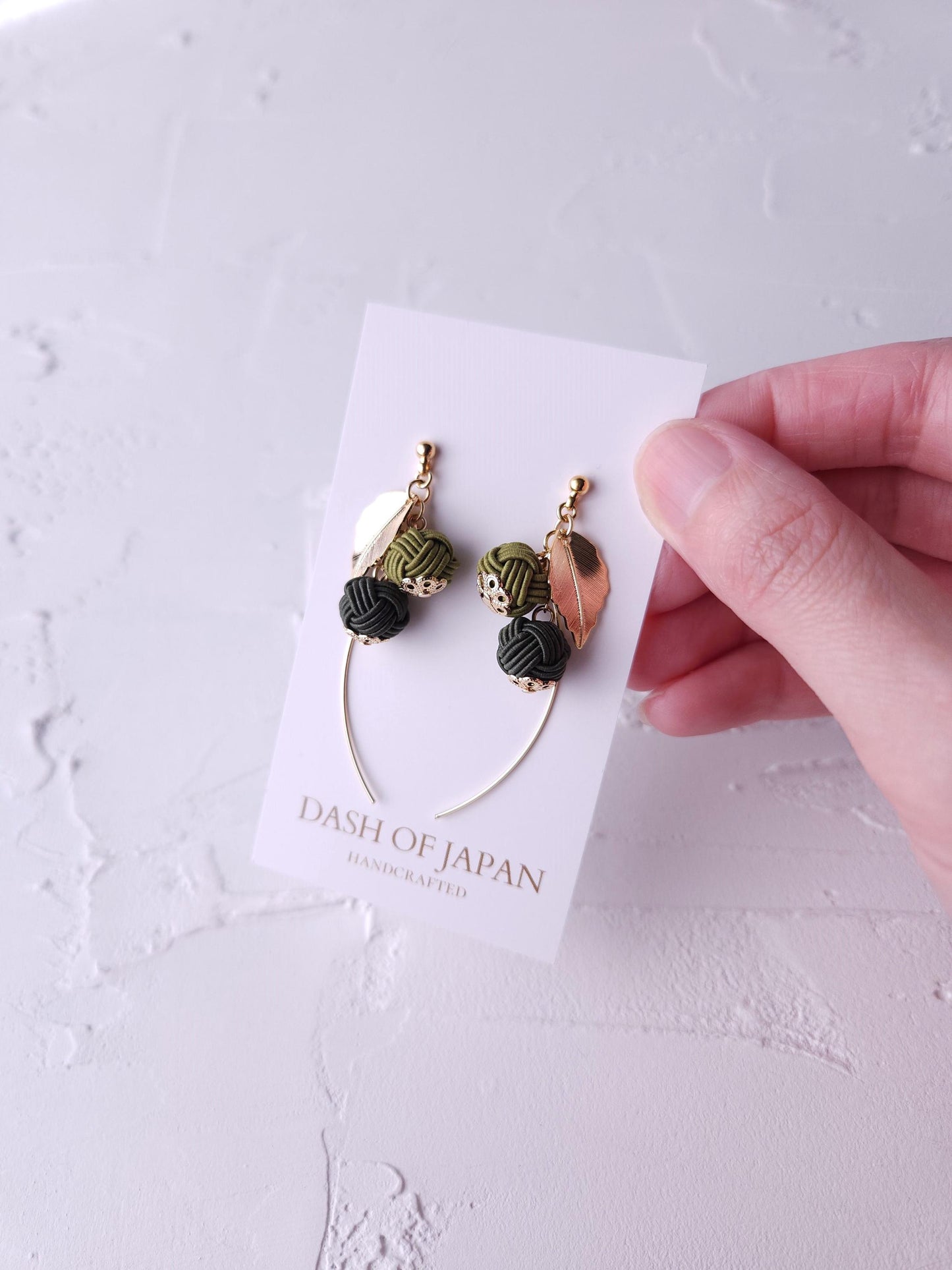 Flower Drop Earrings handmade with Japanese Mizuhiki, Matcha Green Dark Green