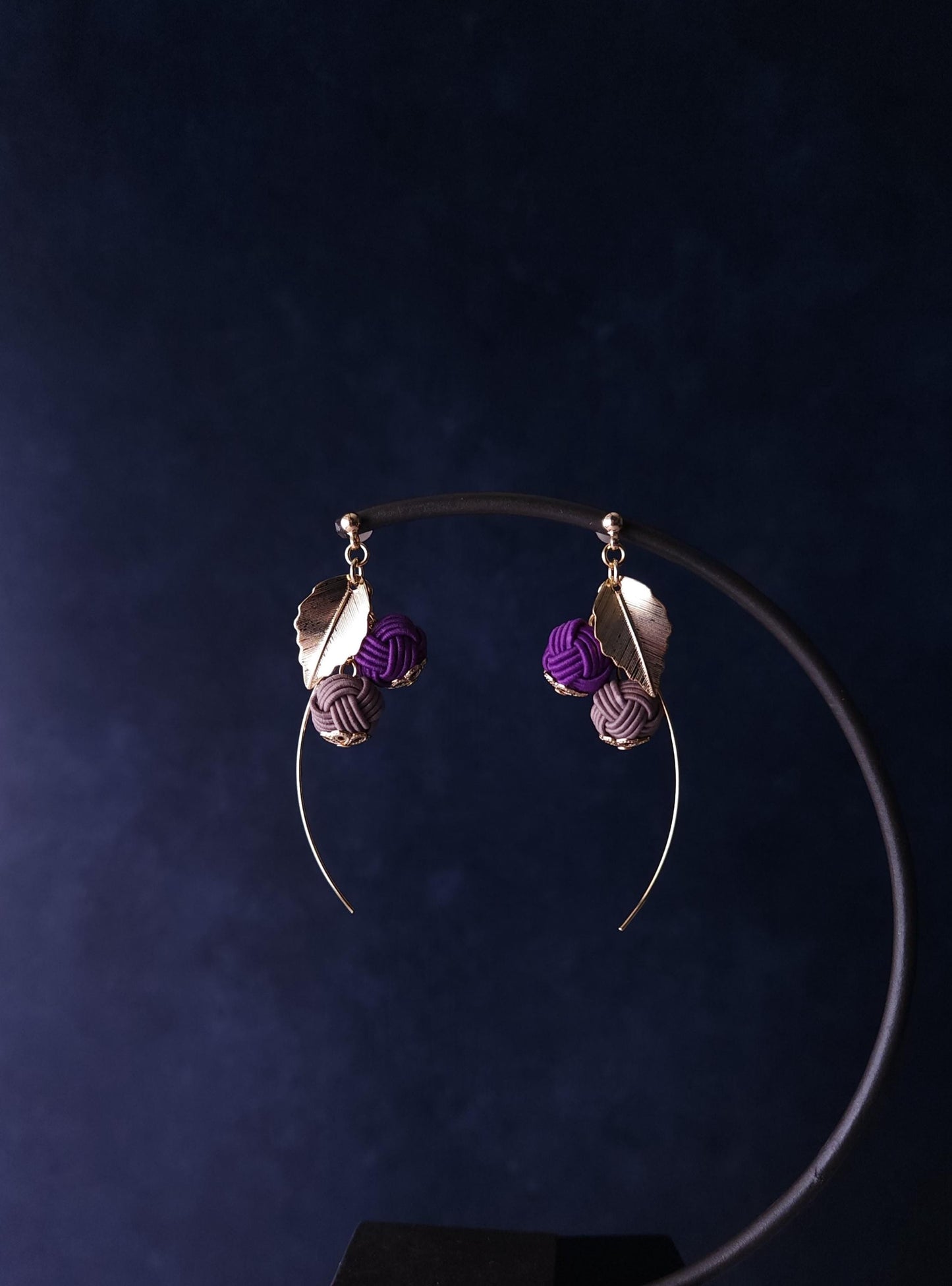 Flower Drop Earrings handmade with Japanese Mizuhiki, Purple and Brown