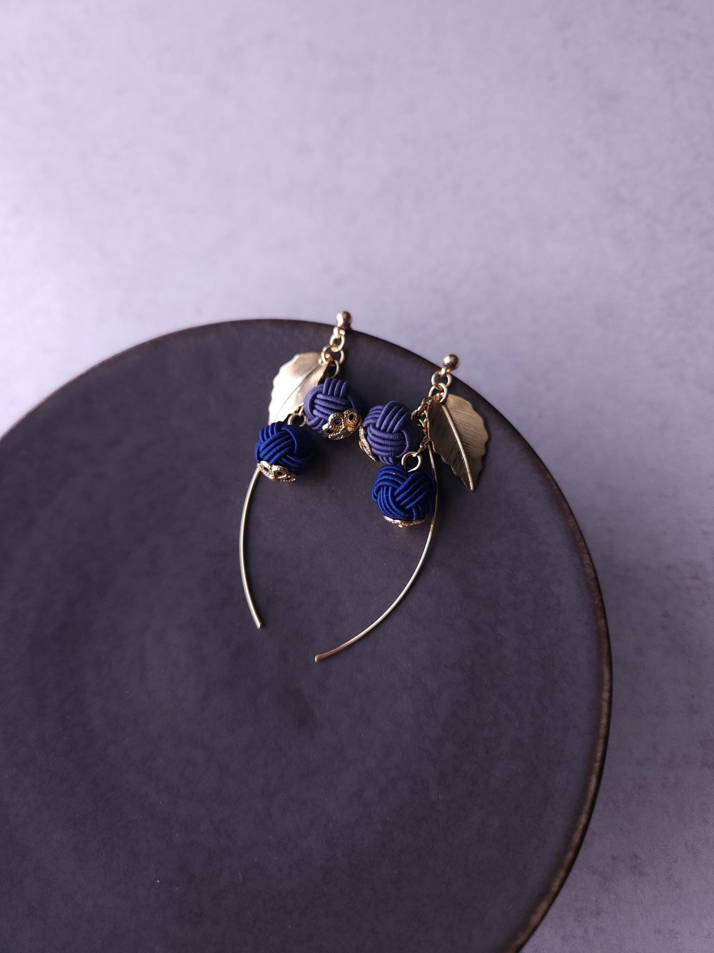 Flower Drop Earrings handmade with Japanese Mizuhiki, Dark Blue and Blue Gray