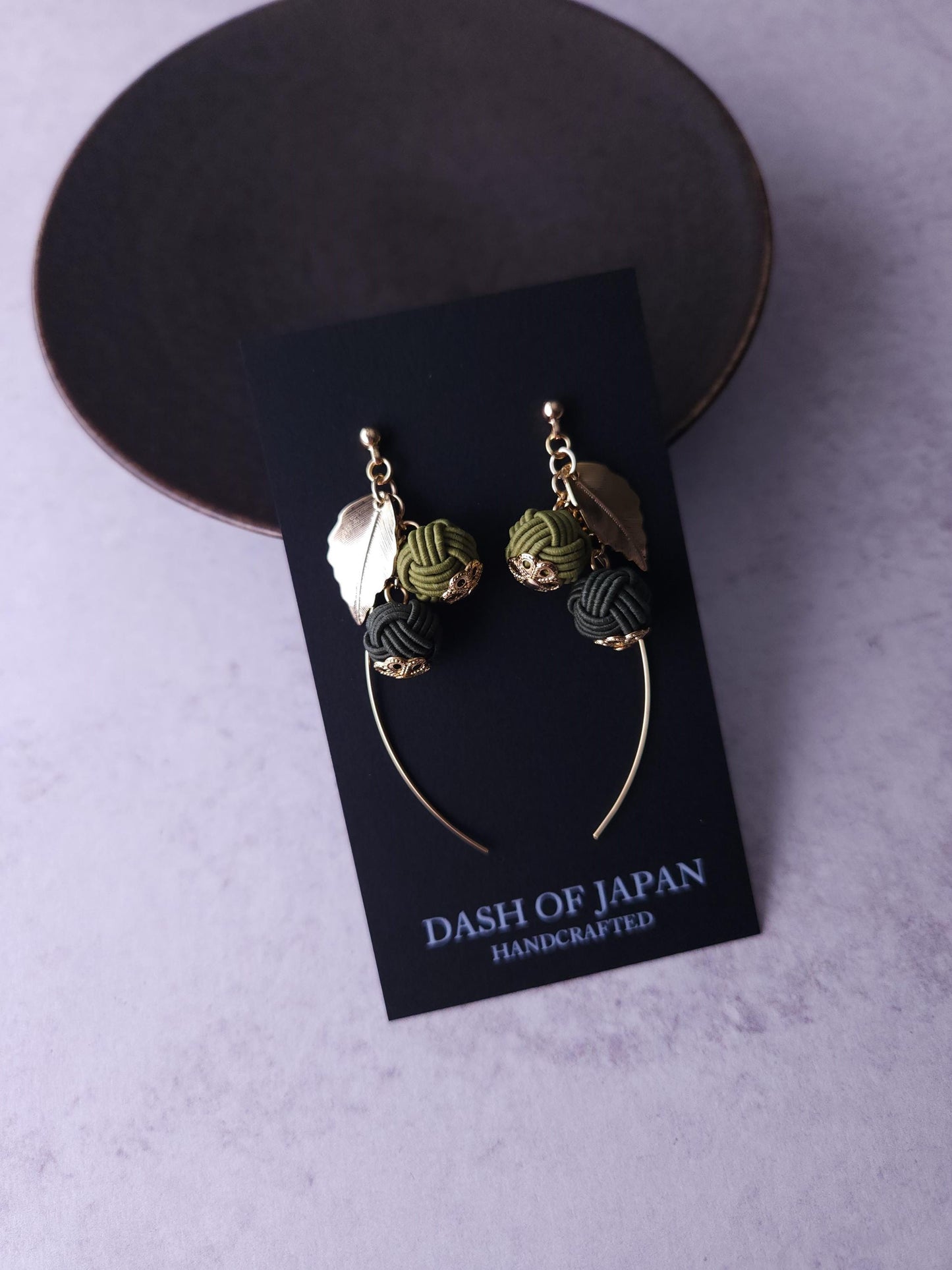 Flower Drop Earrings handmade with Japanese Mizuhiki, Matcha Green Dark Green