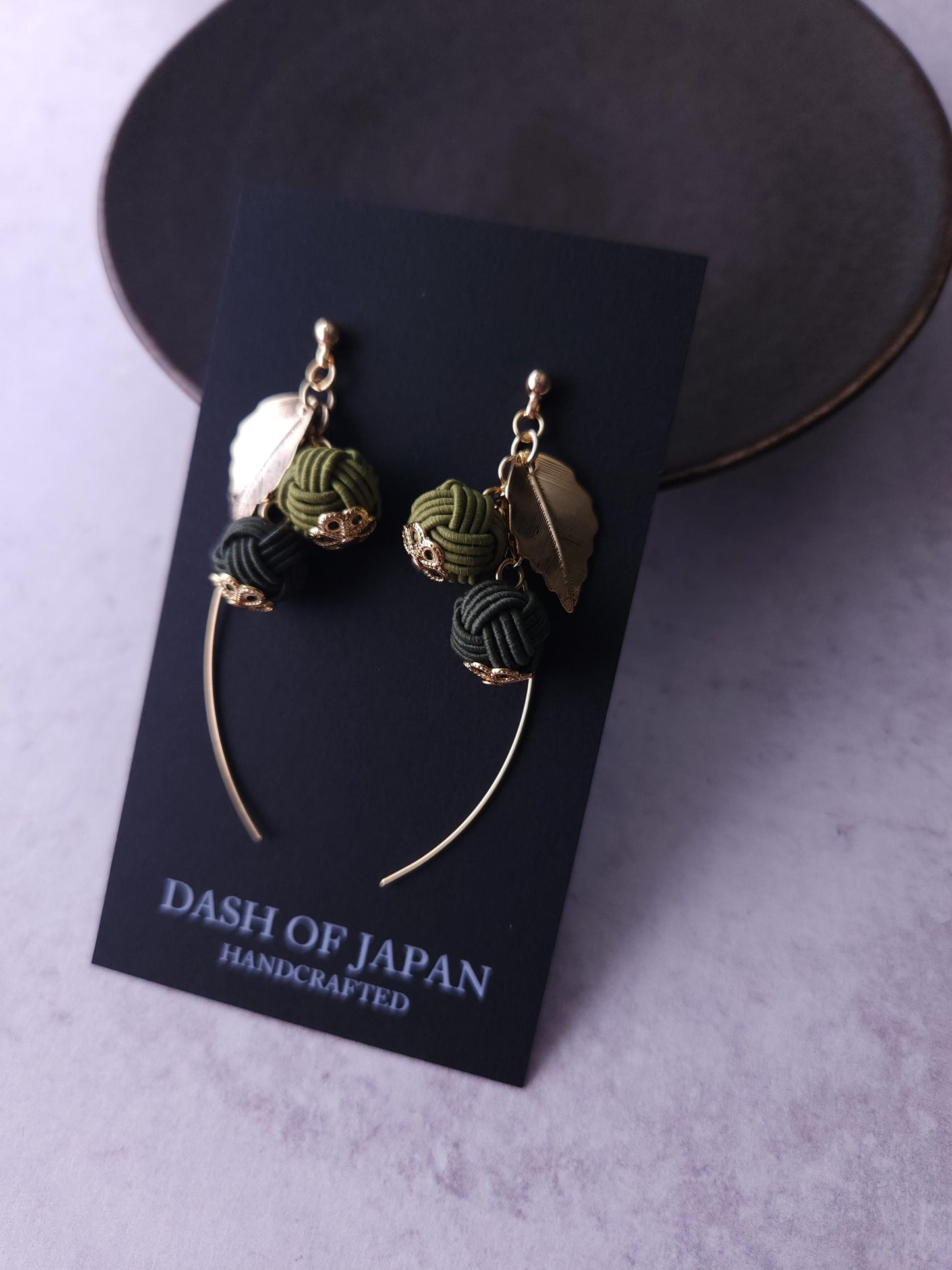 Flower Drop Earrings handmade with Japanese Mizuhiki, Matcha Green Dark Green