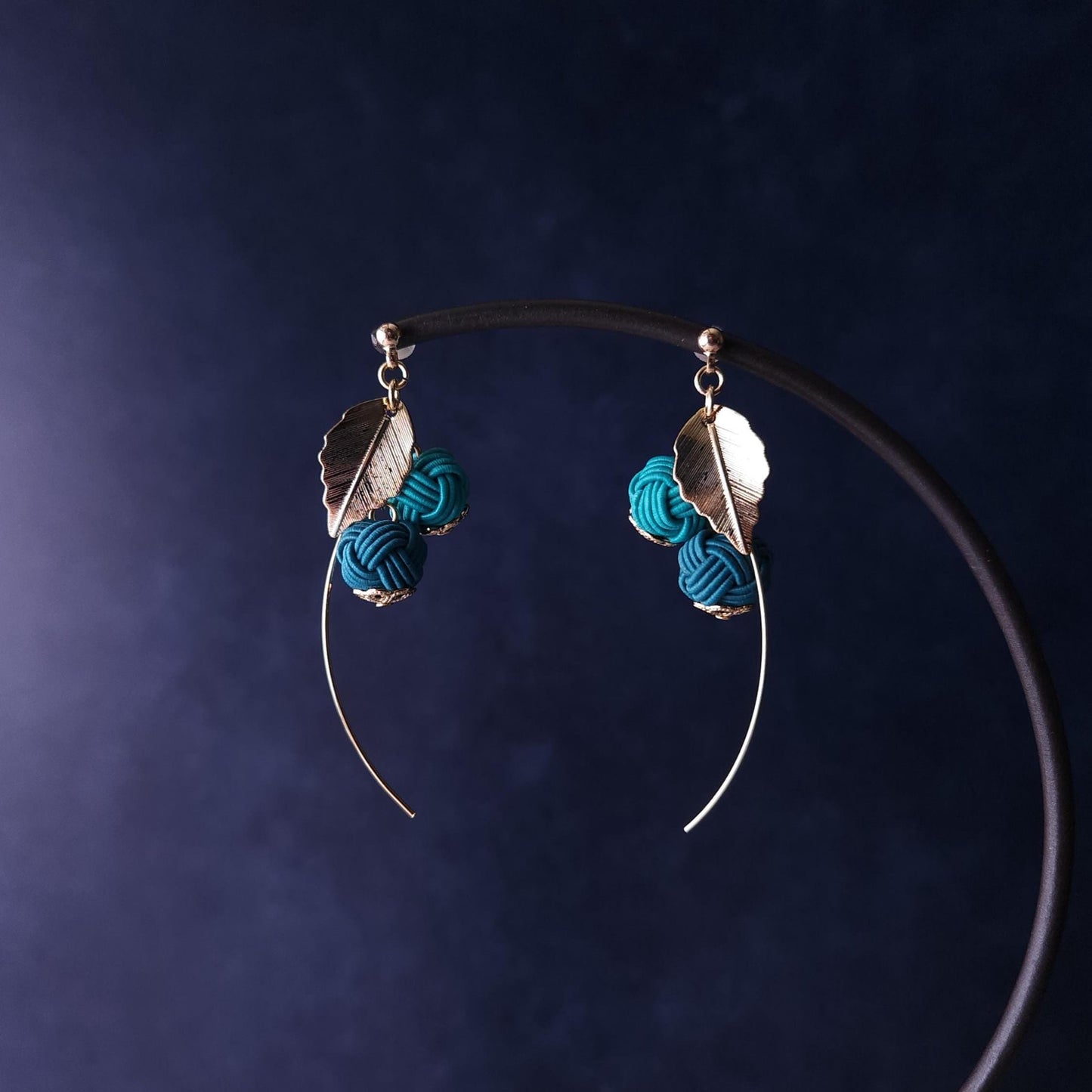 Flower Drop Earrings handmade with Japanese Mizuhiki, Teal Green