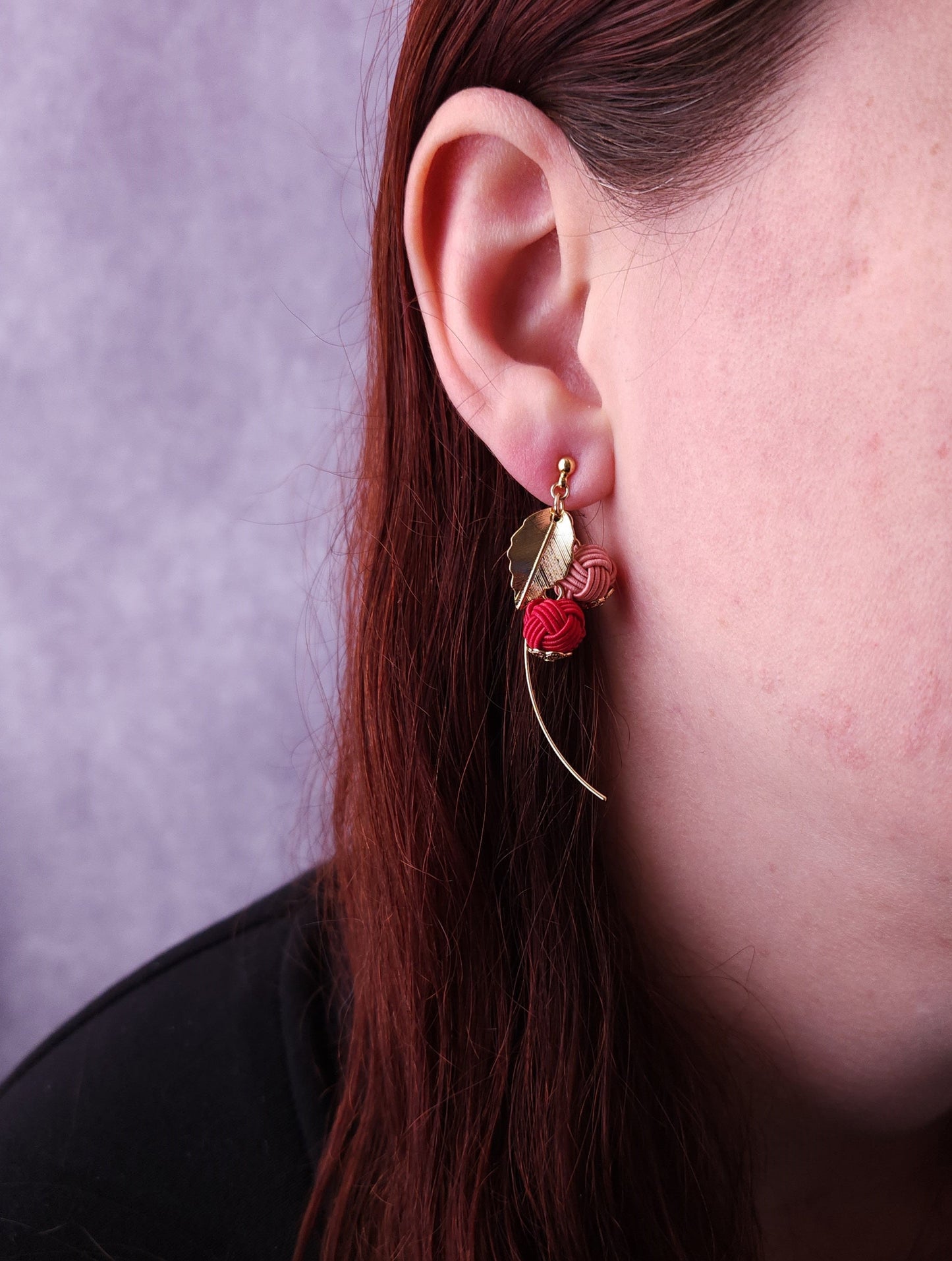 Flower Drop Earrings handmade with Japanese Mizuhiki, Matcha Green Dark Green