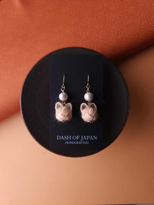 Fluffy Cat Drop Earrings  - Light Cream Beige