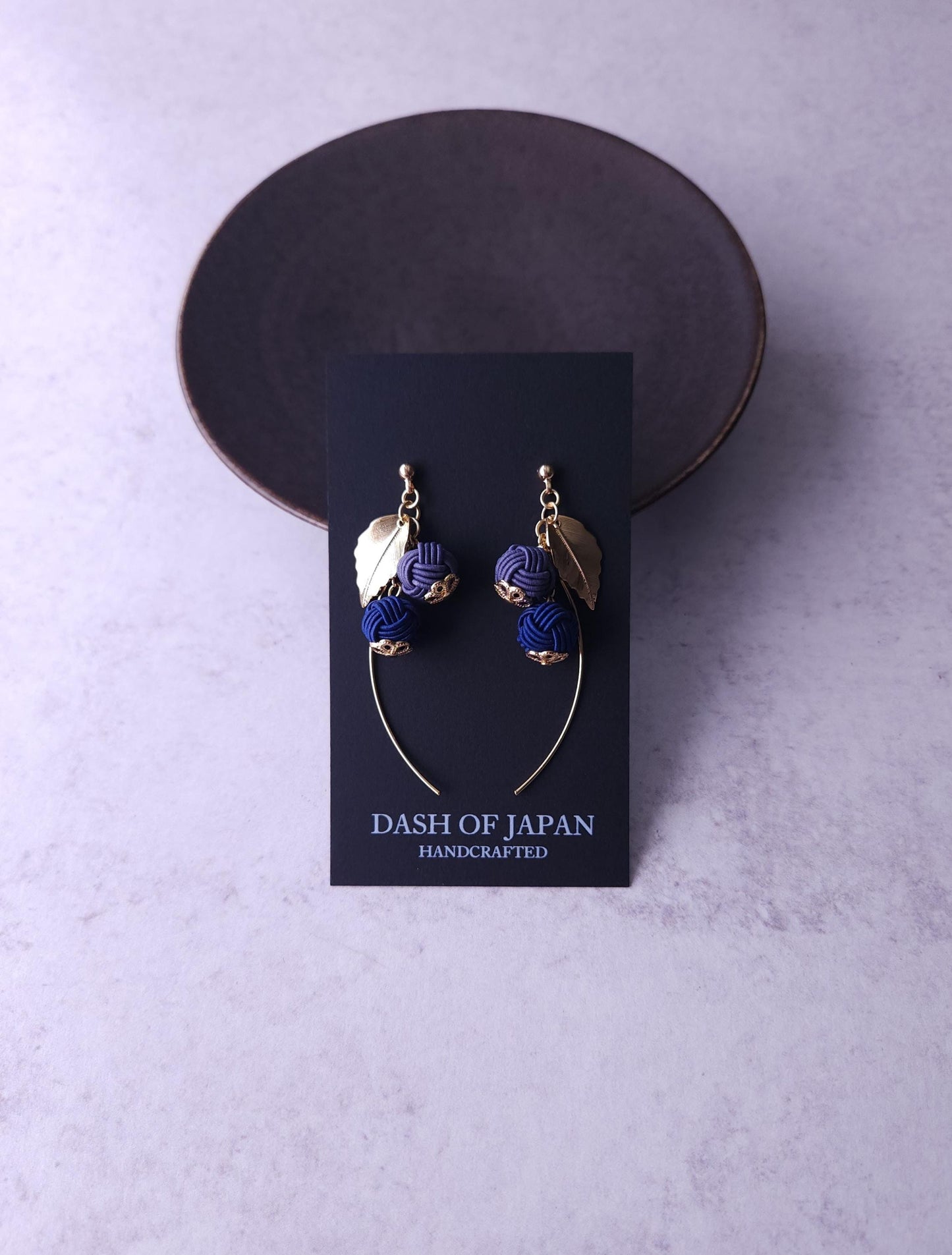 Flower Drop Earrings handmade with Japanese Mizuhiki, Dark Blue and Blue Gray