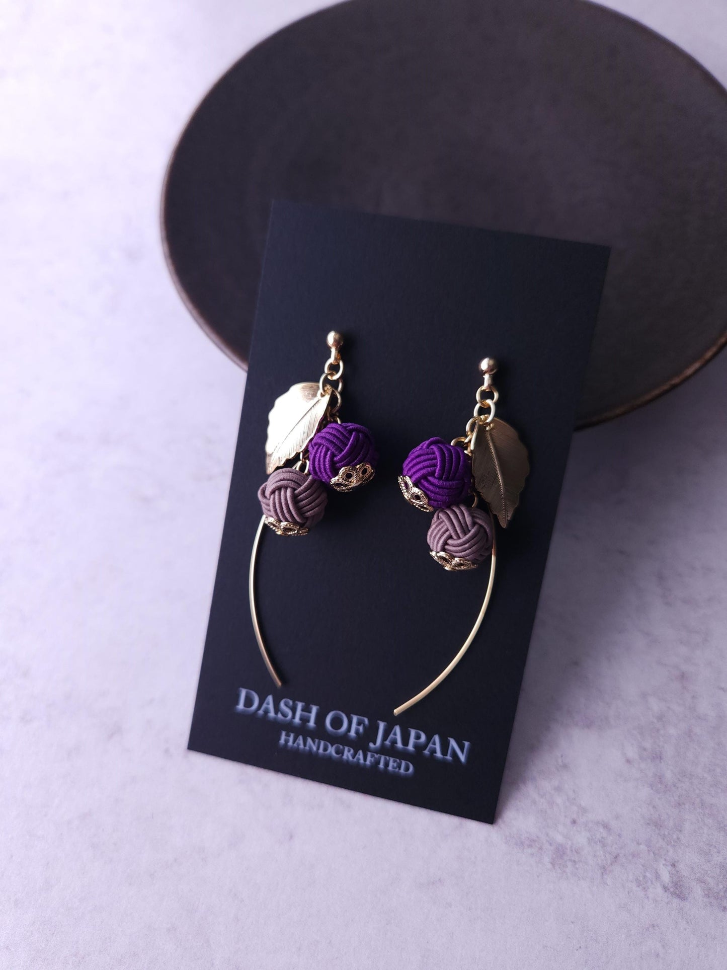 Flower Drop Earrings handmade with Japanese Mizuhiki, Purple and Brown