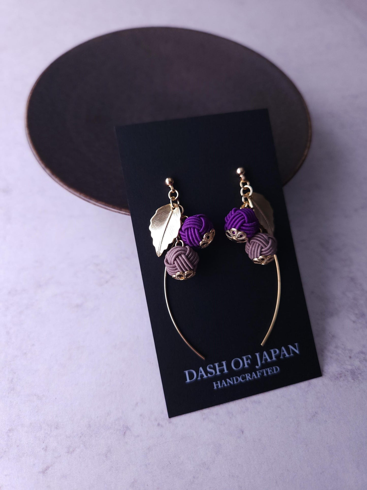 Flower Drop Earrings handmade with Japanese Mizuhiki, Purple and Brown