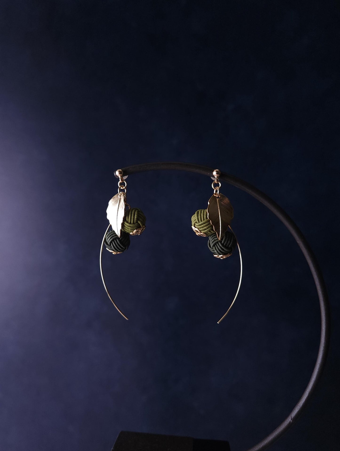 Flower Drop Earrings handmade with Japanese Mizuhiki, Matcha Green Dark Green