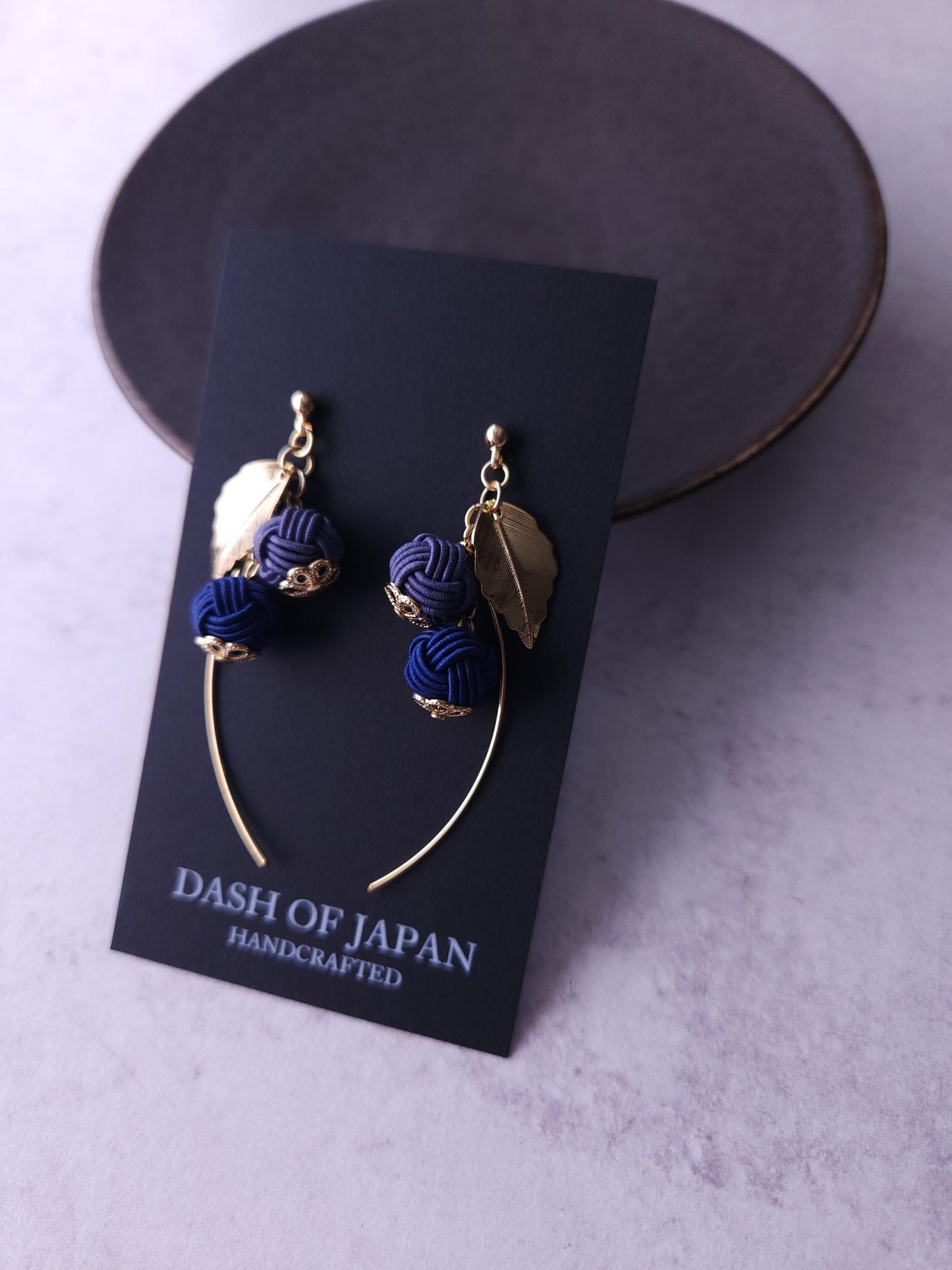 Flower Drop Earrings handmade with Japanese Mizuhiki, Dark Blue and Blue Gray