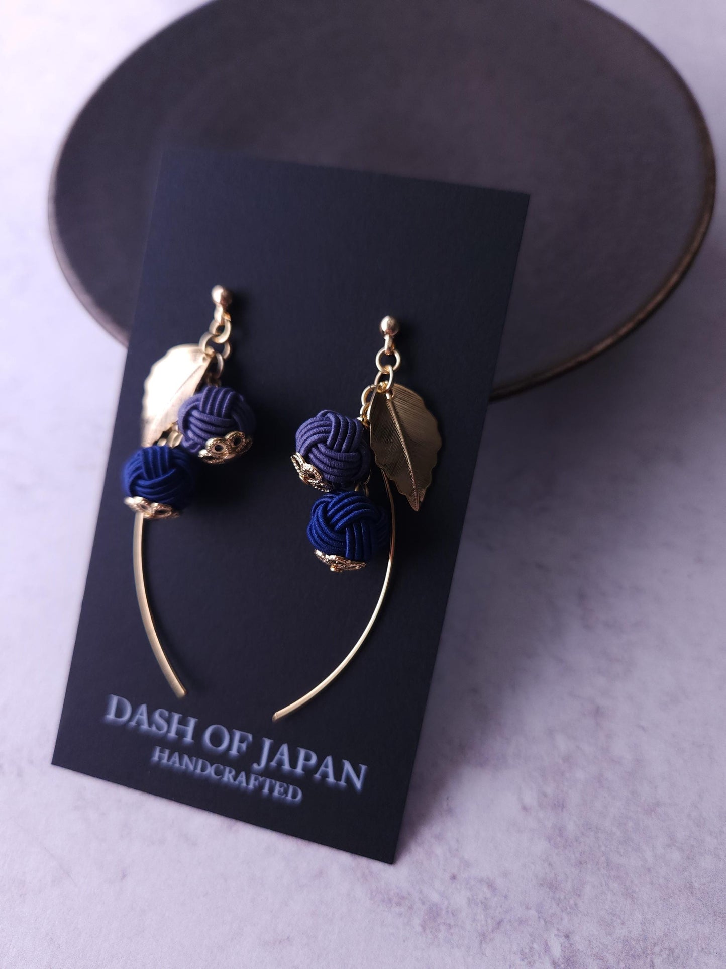 Flower Drop Earrings handmade with Japanese Mizuhiki, Dark Blue and Blue Gray