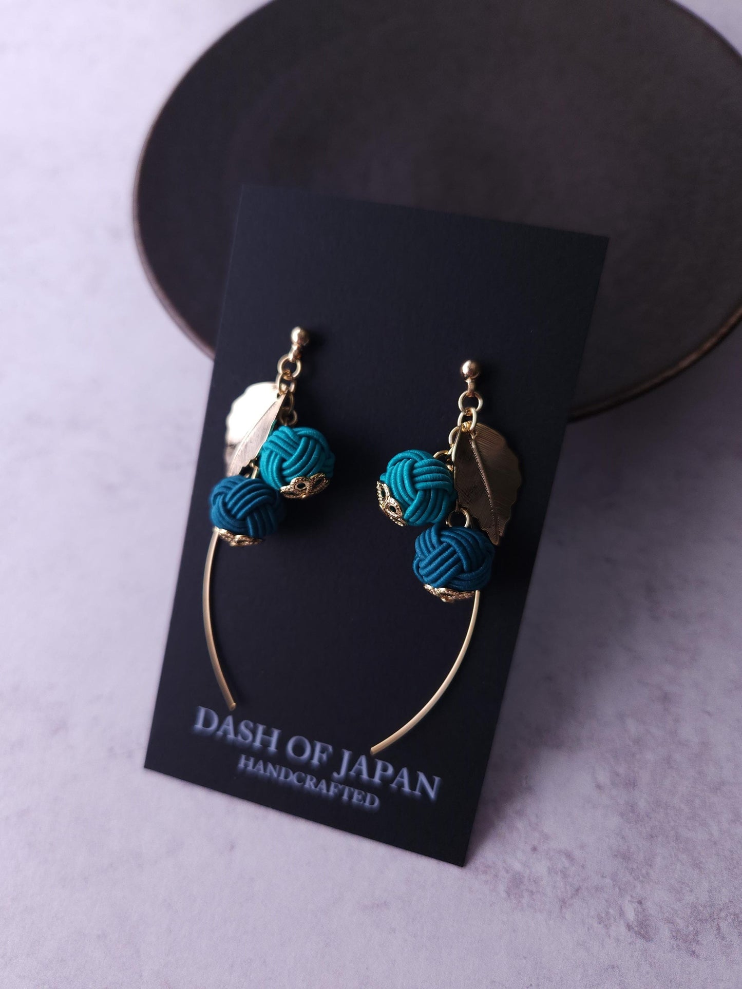 Flower Drop Earrings handmade with Japanese Mizuhiki, Teal Green