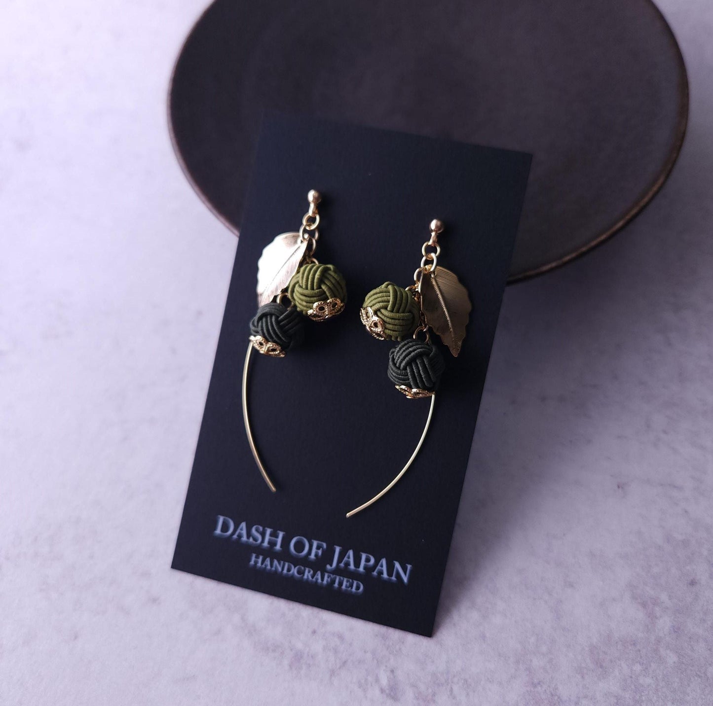 Flower Drop Earrings handmade with Japanese Mizuhiki, Matcha Green Dark Green