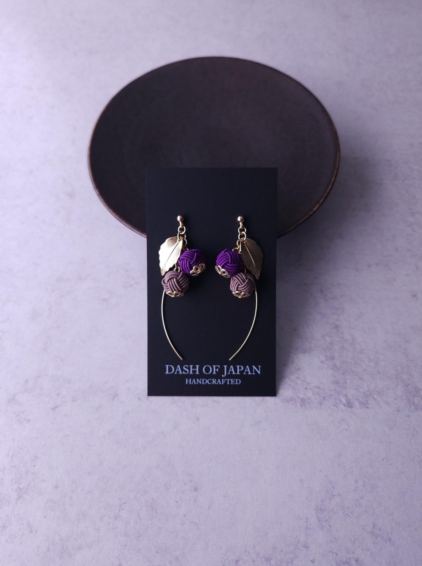 Flower Drop Earrings handmade with Japanese Mizuhiki, Purple and Brown