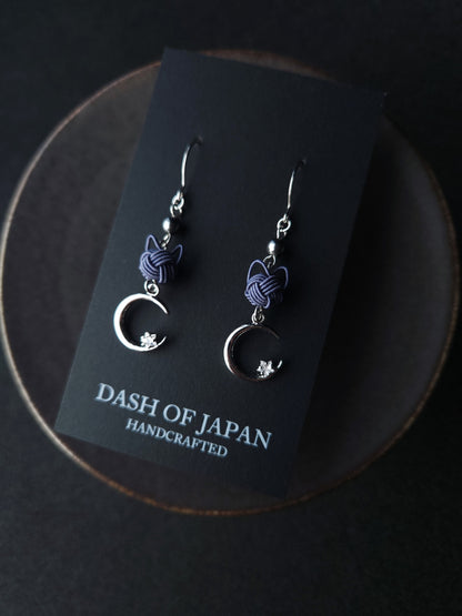 Cat and Crescent Moon - Blue Gray in Silver