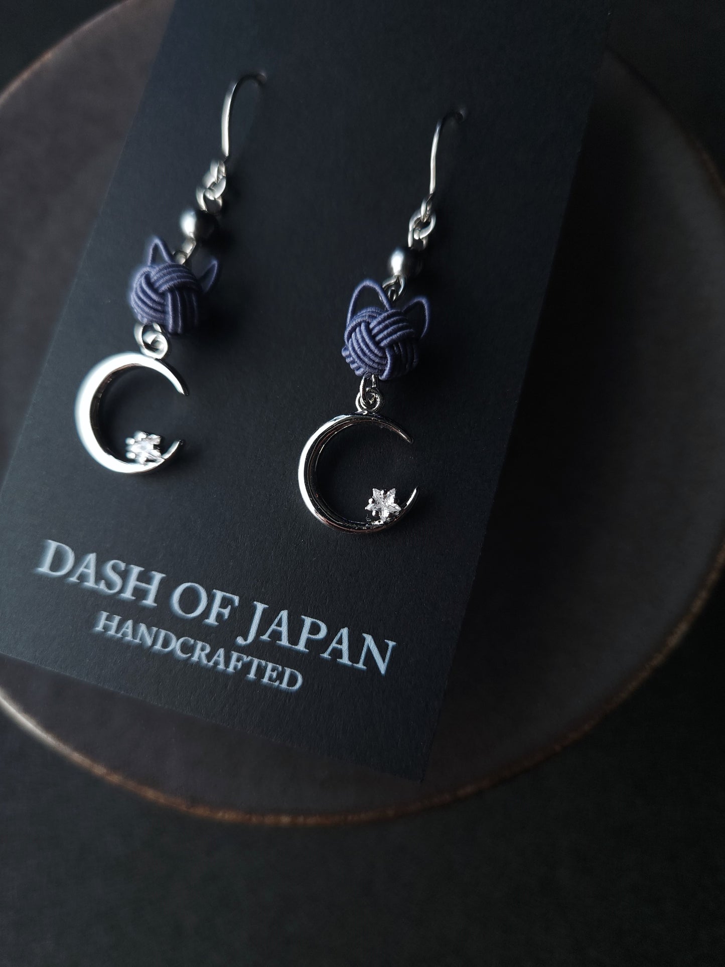 Cat and Crescent Moon - Blue Gray in Silver