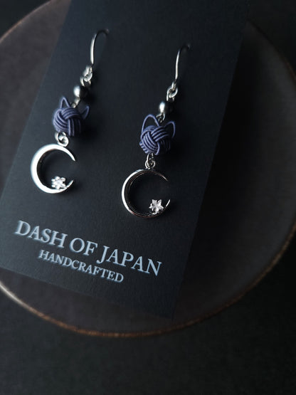 Cat and Crescent Moon - Blue Gray in Silver