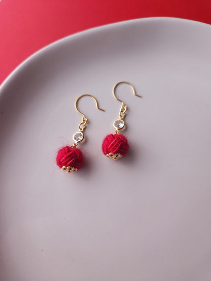 Japanese Mizuhiki Drop Earrings - Fluffy Red