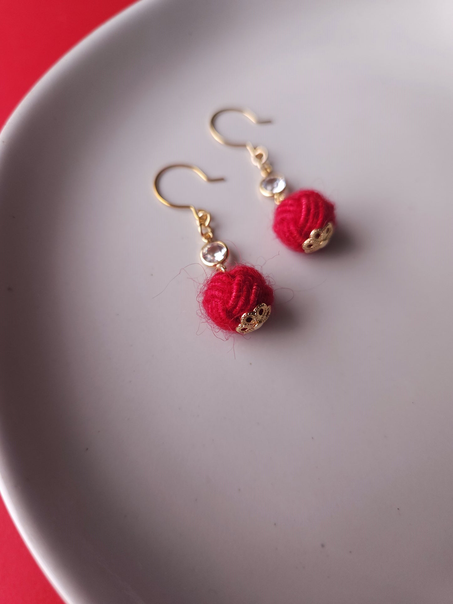 Japanese Mizuhiki Drop Earrings - Fluffy Red