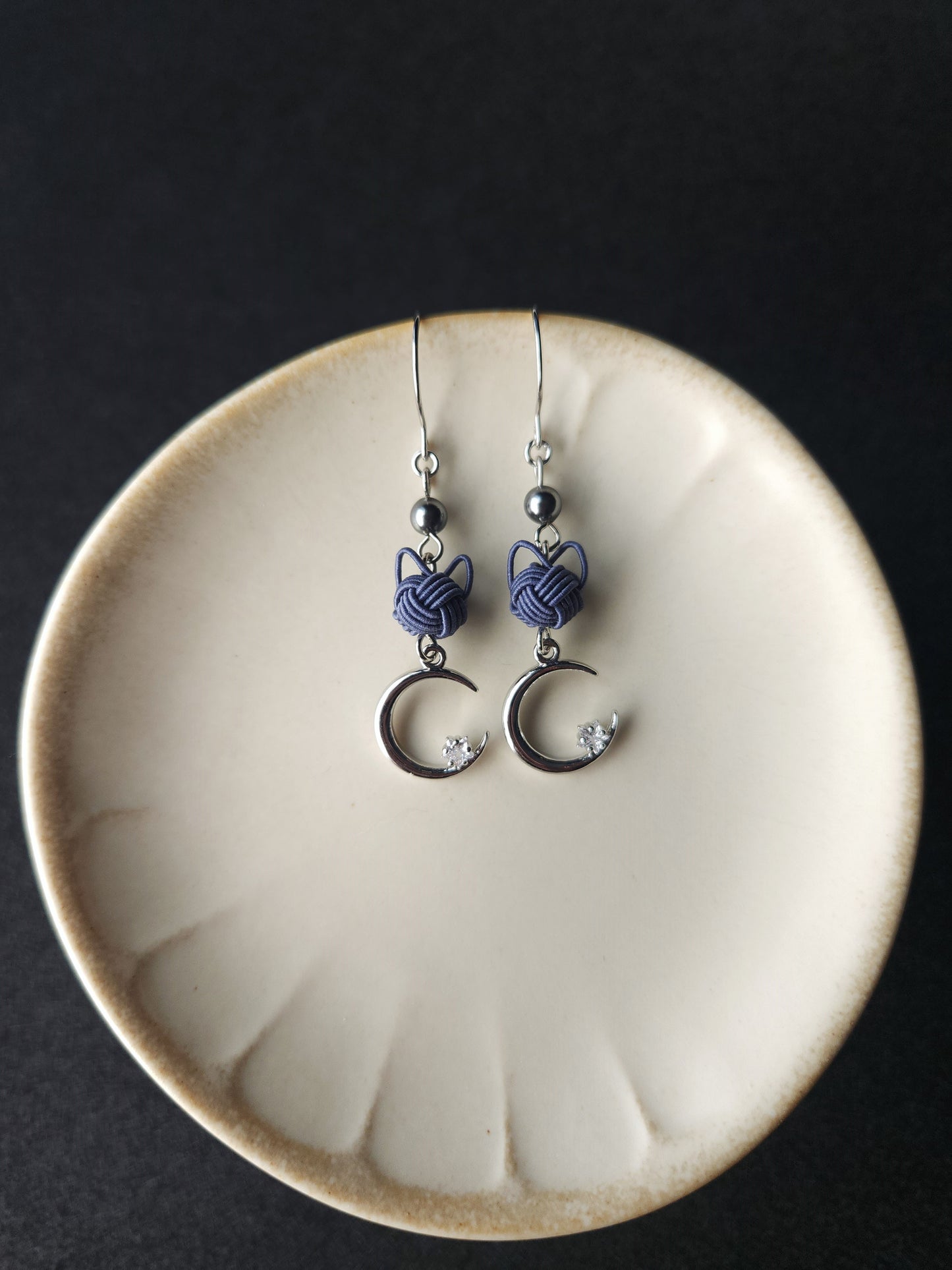 Cat and Crescent Moon - Blue Gray in Silver