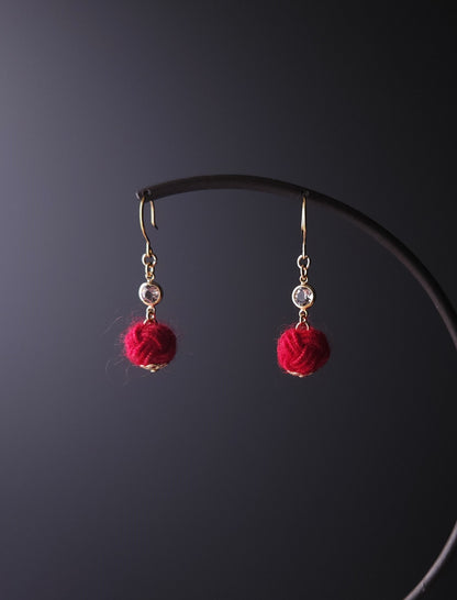 Japanese Mizuhiki Drop Earrings - Fluffy Red