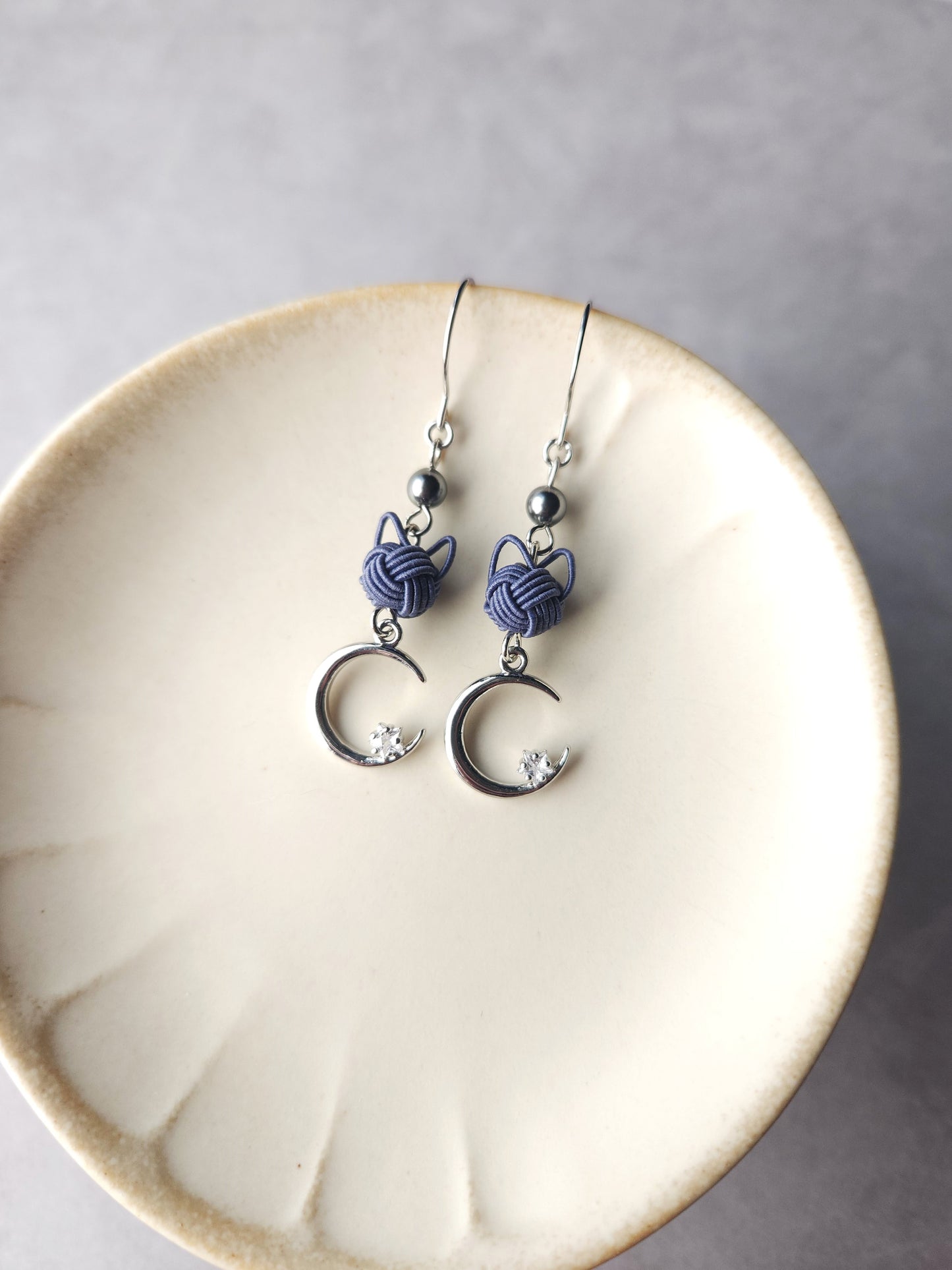 Cat and Crescent Moon - Blue Gray in Silver