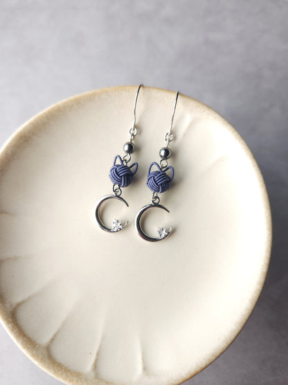 Cat and Crescent Moon - Blue Gray in Silver