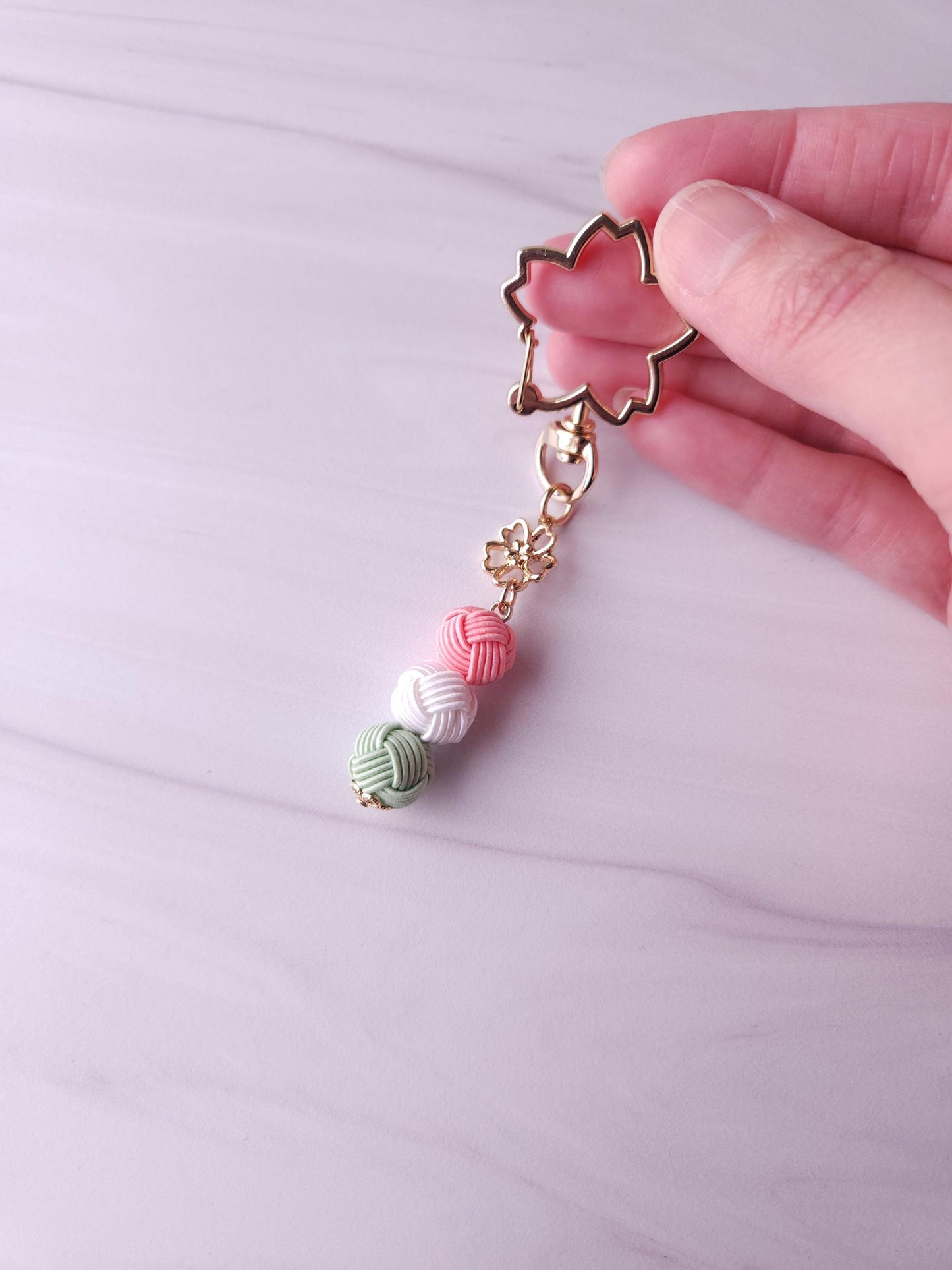Three-color Hanami Dango Dumpling Keychain made with Japanese Mizuhiki Paper Cord