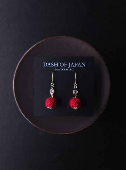 Japanese Mizuhiki Drop Earrings - Fluffy Red