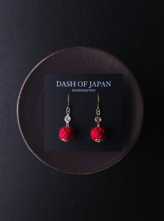 Japanese Mizuhiki Drop Earrings - Fluffy Red