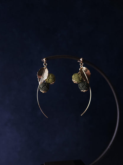 Flower Drop Earrings handmade with Japanese Mizuhiki, Matcha Green Dark Green