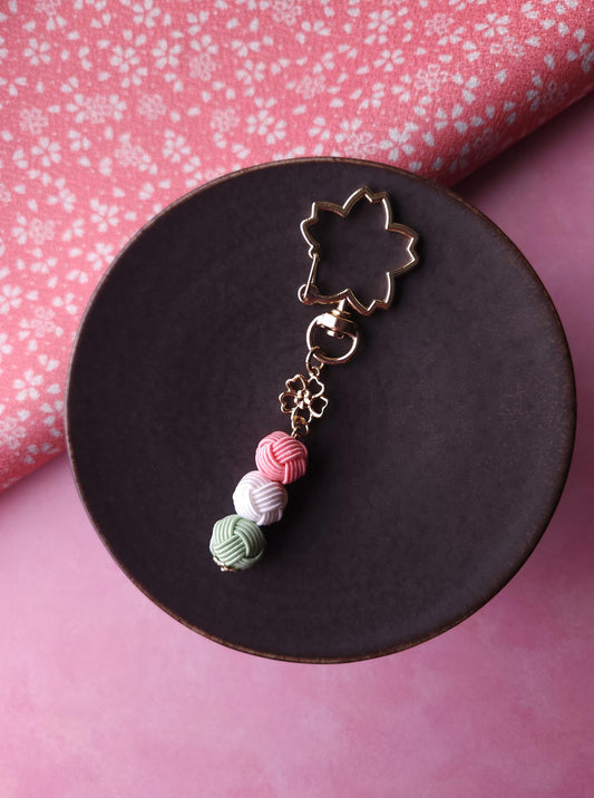 Three-color Hanami Dango Dumpling Keychain made with Japanese Mizuhiki Paper Cord
