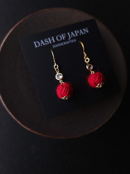 Japanese Mizuhiki Drop Earrings - Fluffy Red