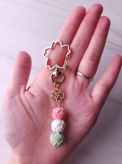 Three-color Hanami Dango Dumpling Keychain made with Japanese Mizuhiki Paper Cord