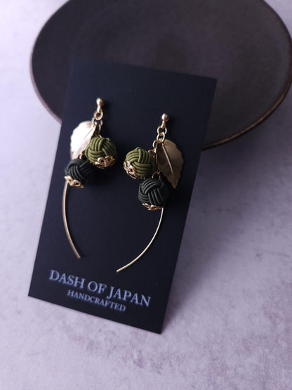 Flower Drop Earrings handmade with Japanese Mizuhiki, Matcha Green Dark Green