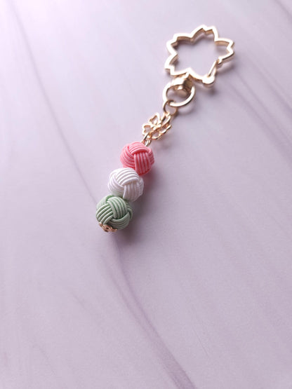 Three-color Hanami Dango Dumpling Keychain made with Japanese Mizuhiki Paper Cord