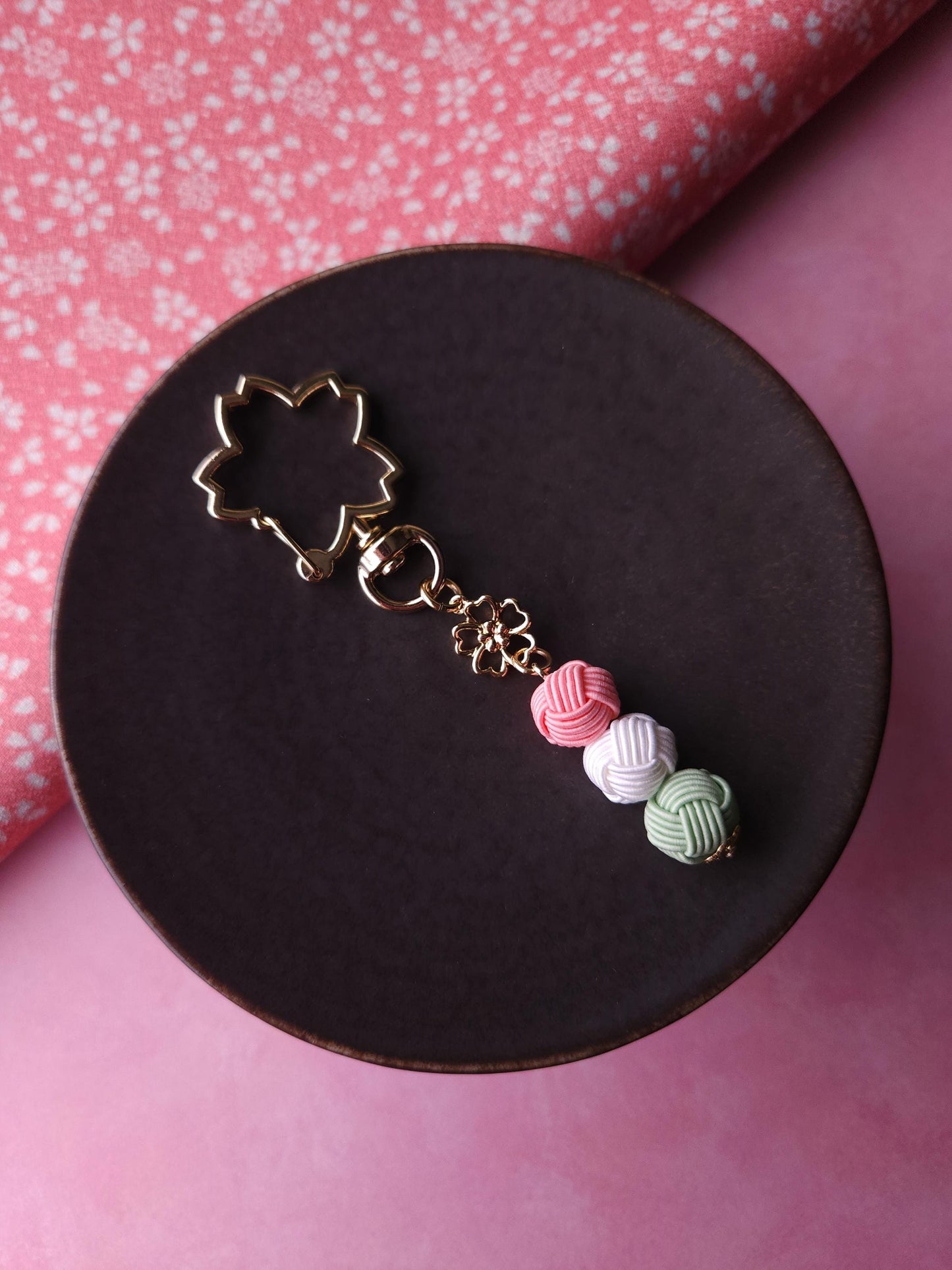 Three-color Hanami Dango Dumpling Keychain made with Japanese Mizuhiki Paper Cord
