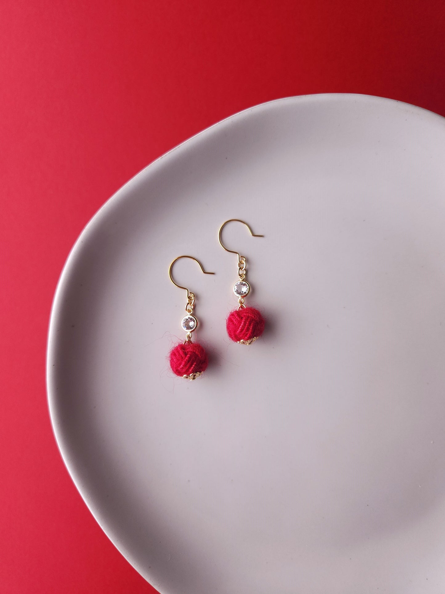 Japanese Mizuhiki Drop Earrings - Fluffy Red