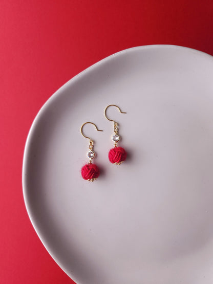 Japanese Mizuhiki Drop Earrings - Fluffy Red